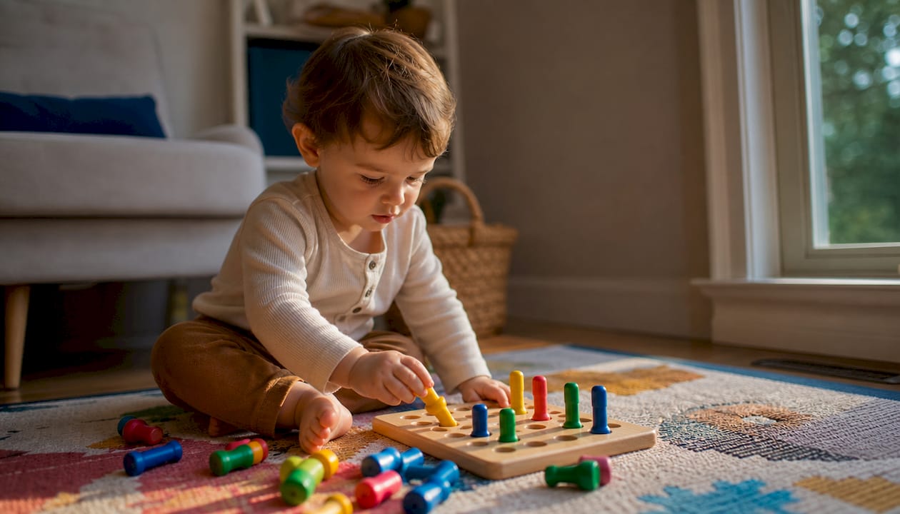 Toddler inserting colorful counting pegs