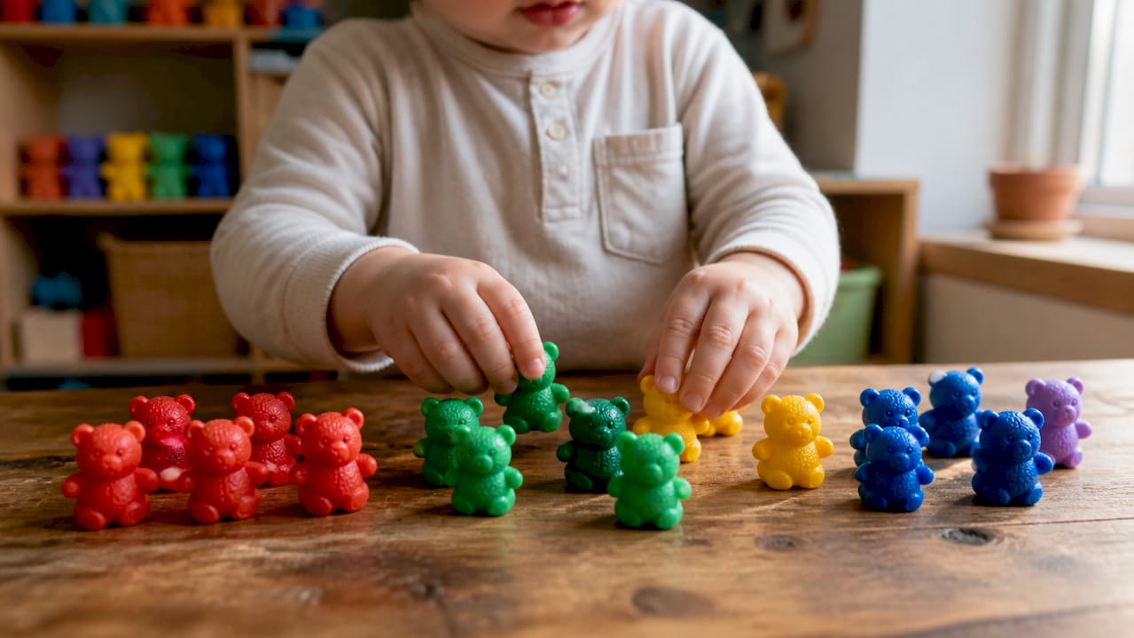 Toddler sorting counting bears on table