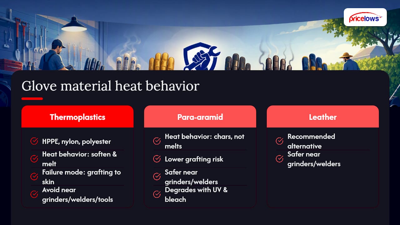 Diagram comparing glove fiber heat failure modes
