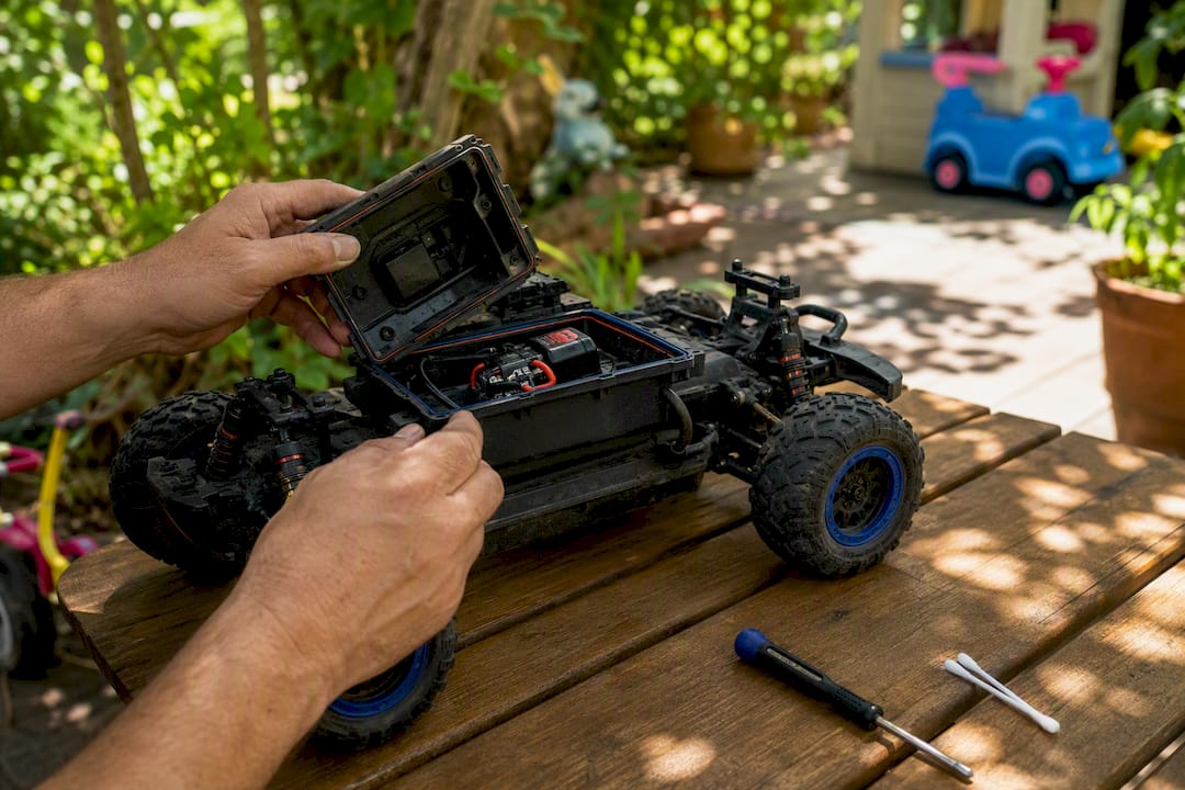 Hands inspecting sealed electronics in RC car