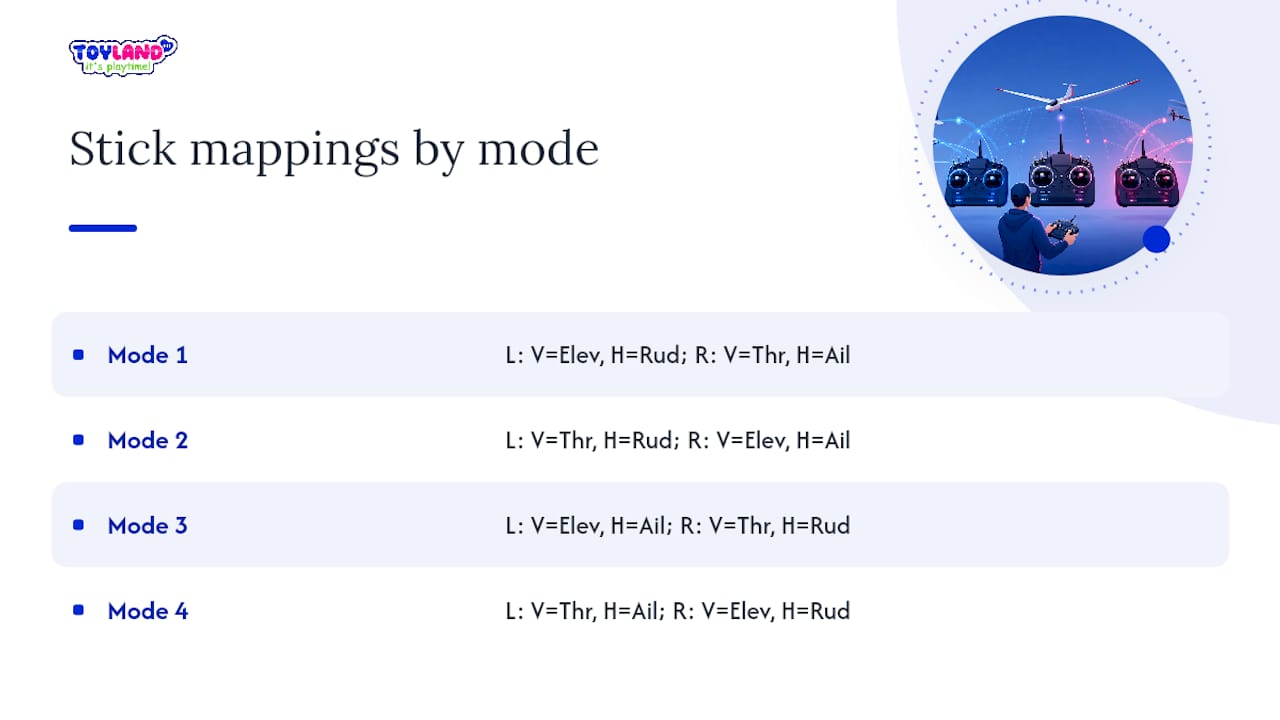 Four RC transmitter mode stick assignments compared