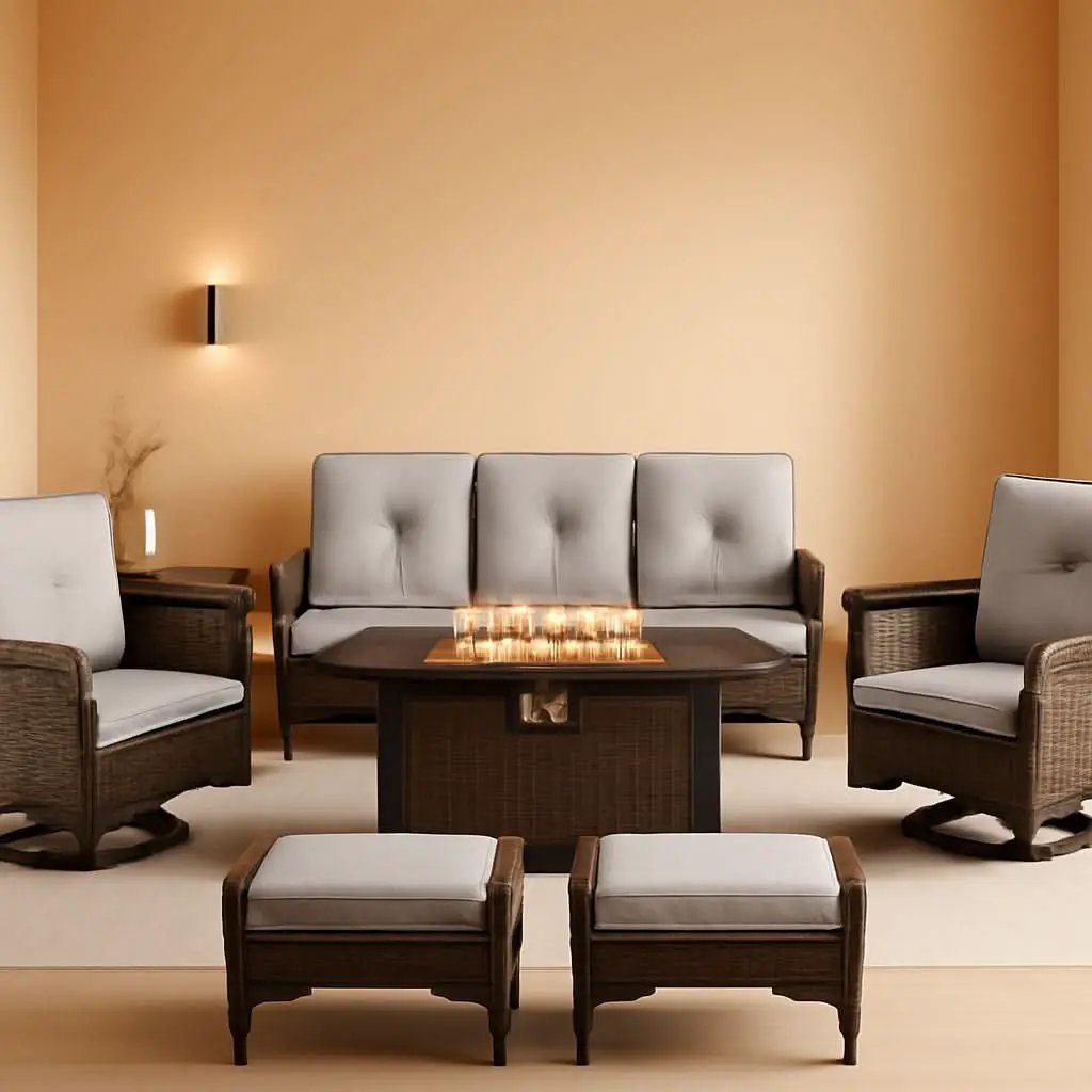 Patio Furniture Set | 50,000 BTU Propane Fire Pit Table | Durable Aluminum Frame | 8 Piece