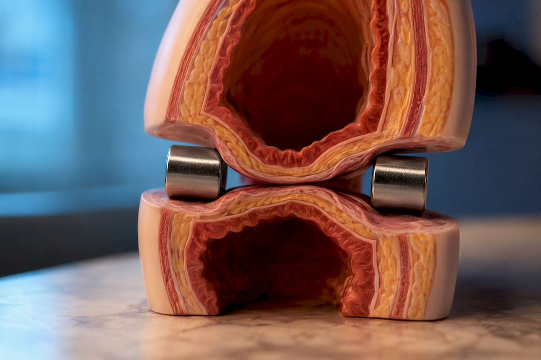 Two magnets trapping intestinal tissue