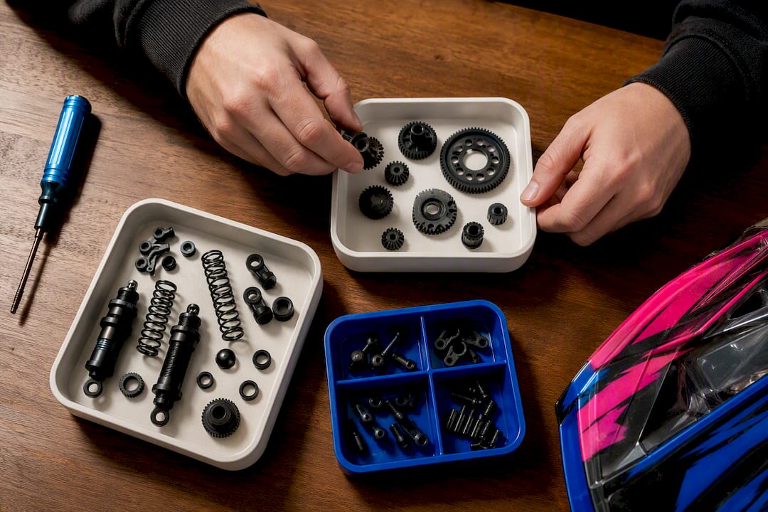RC replacement parts organized on workbench