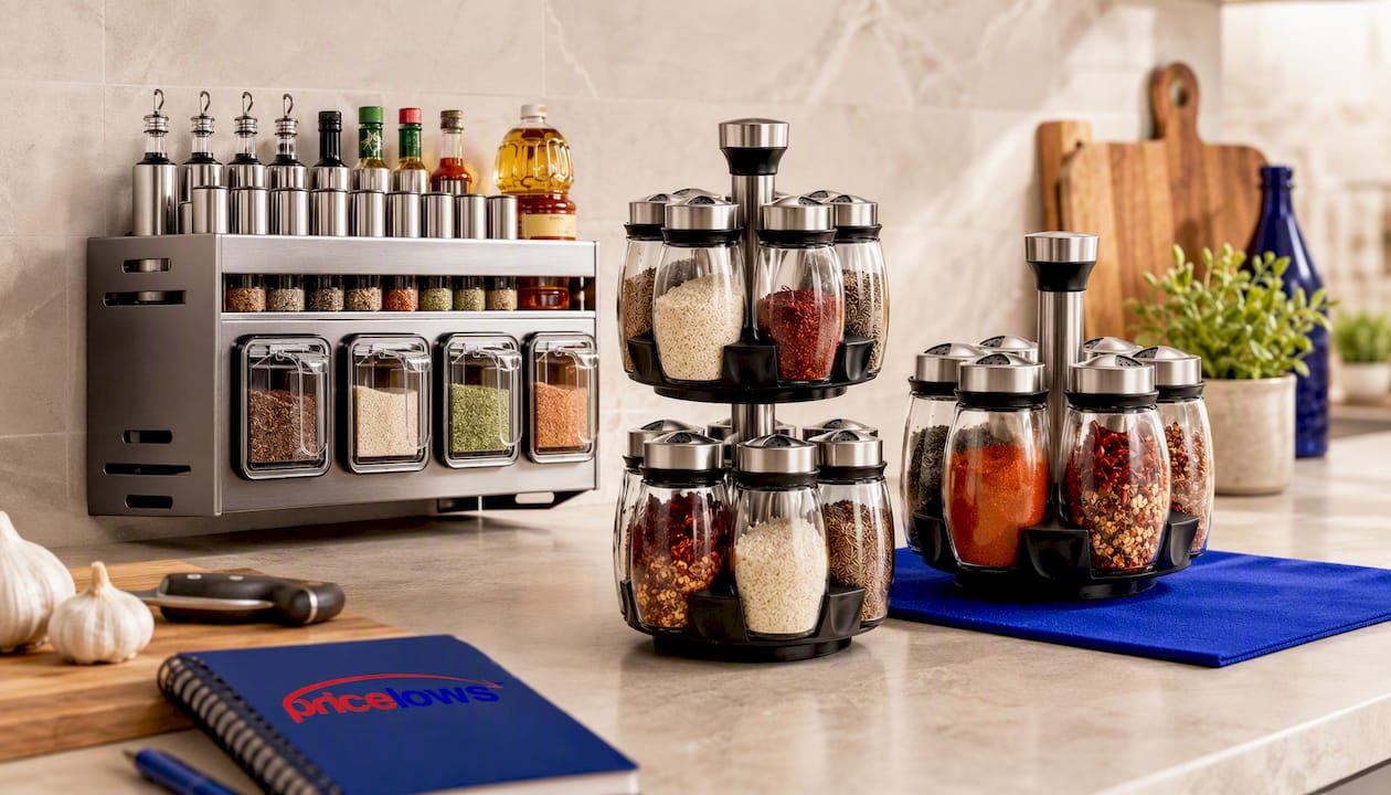 Spice Jar Set | Rotating Glass Organizer | 7 Piece Spice Jars | Kitchen Storage Rack