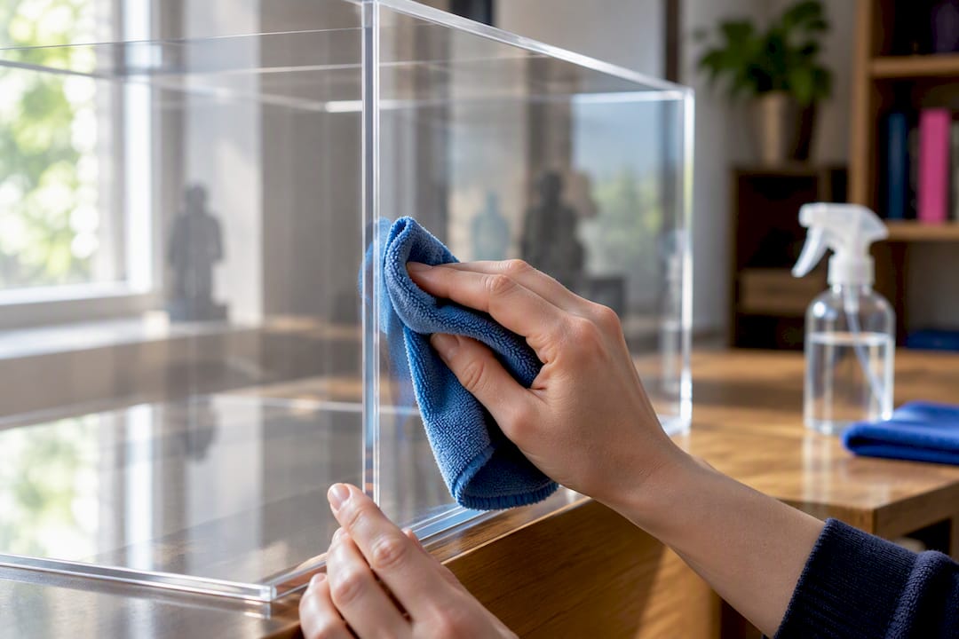 Hands cleaning a transparent display case