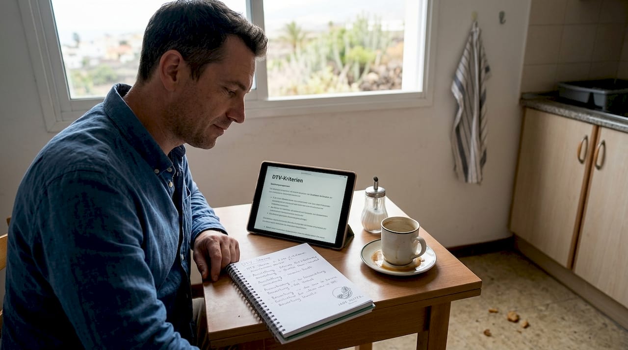 Ein Mann sitzt am Küchentisch und geht eine Liste mit wichtigen Punkten durch.