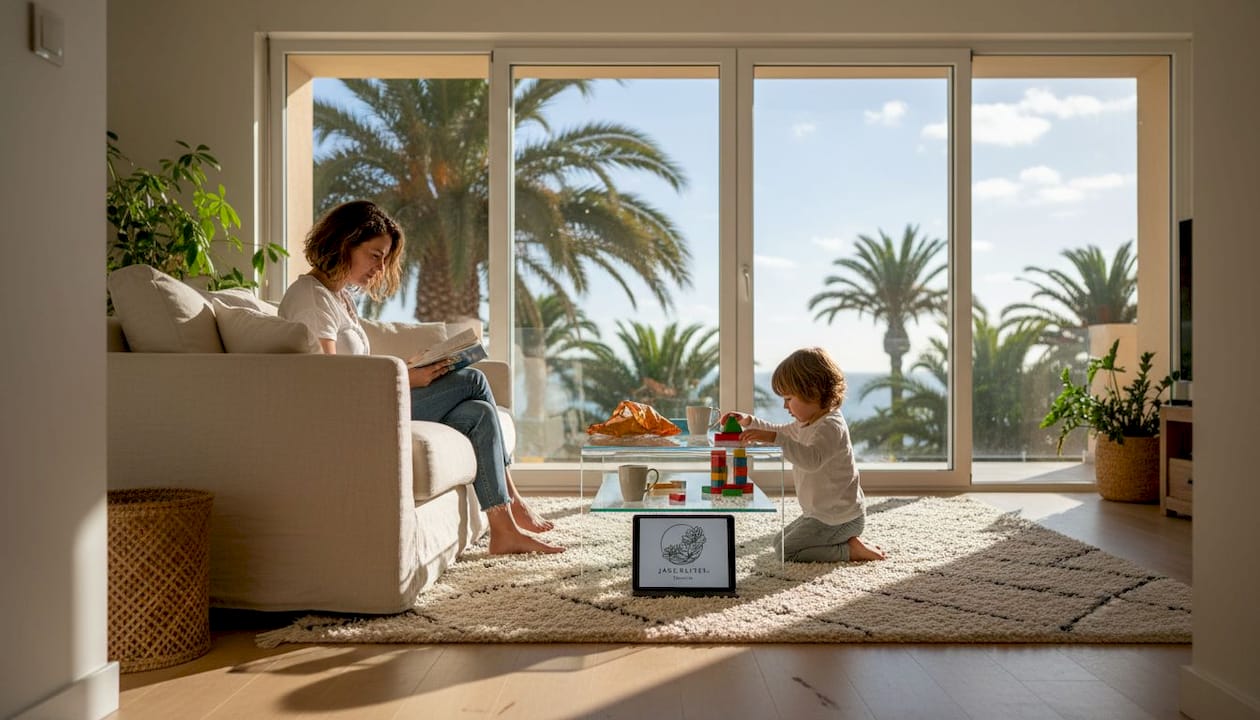 Eine Familie genießt gemeinsame Zeit im stilvollen Wohnzimmer ihrer Luxusvilla auf Teneriffa.
