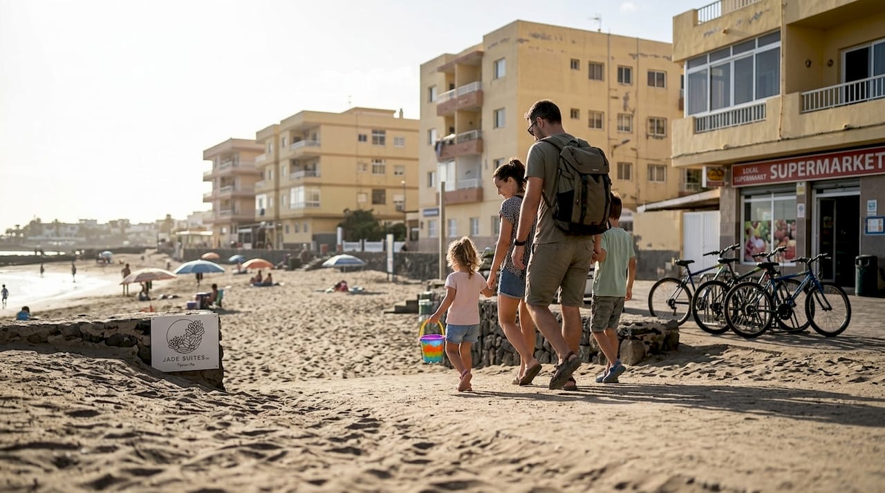 Eine Familie spaziert auf einem sandigen Weg Richtung Strand in Arona.