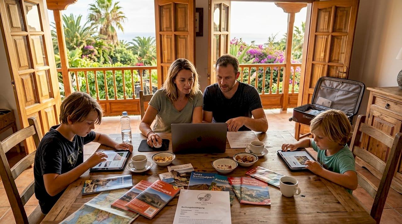Eine Familie stöbert gemeinsam durch die Bewertungen ihrer Ferienwohnung auf Teneriffa.
