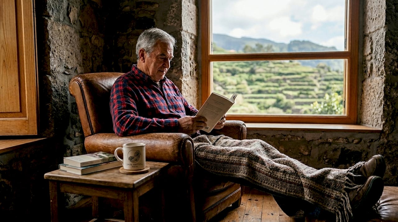 In einem gemütlichen Steinhaus auf Teneriffa sitzt ein Mann und liest entspannt ein Buch.