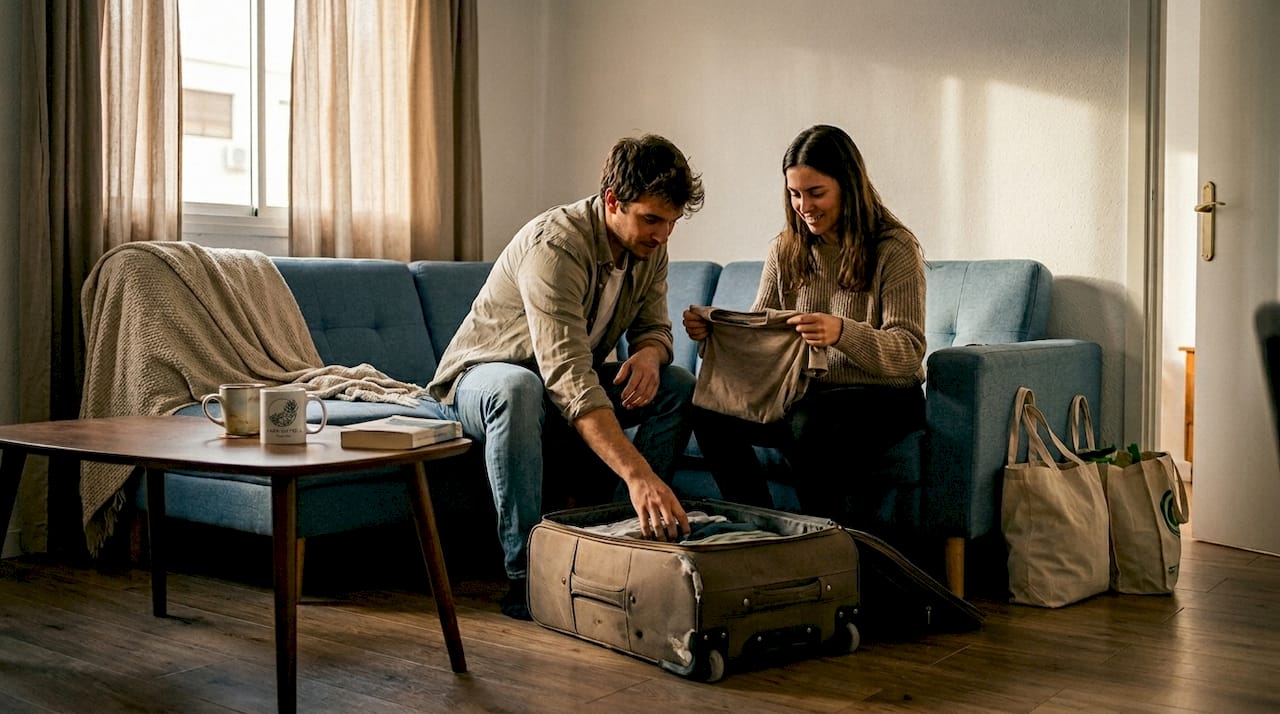 Ein Paar packt im Wohnzimmer seiner Ferienwohnung die Koffer aus.