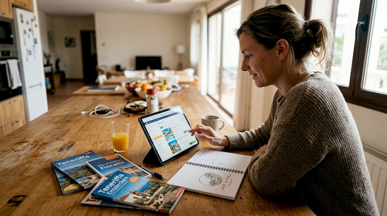 In der gemütlichen Küche sitzt eine Frau am Laptop und bucht gerade eine Villa für ihren nächsten Urlaub.