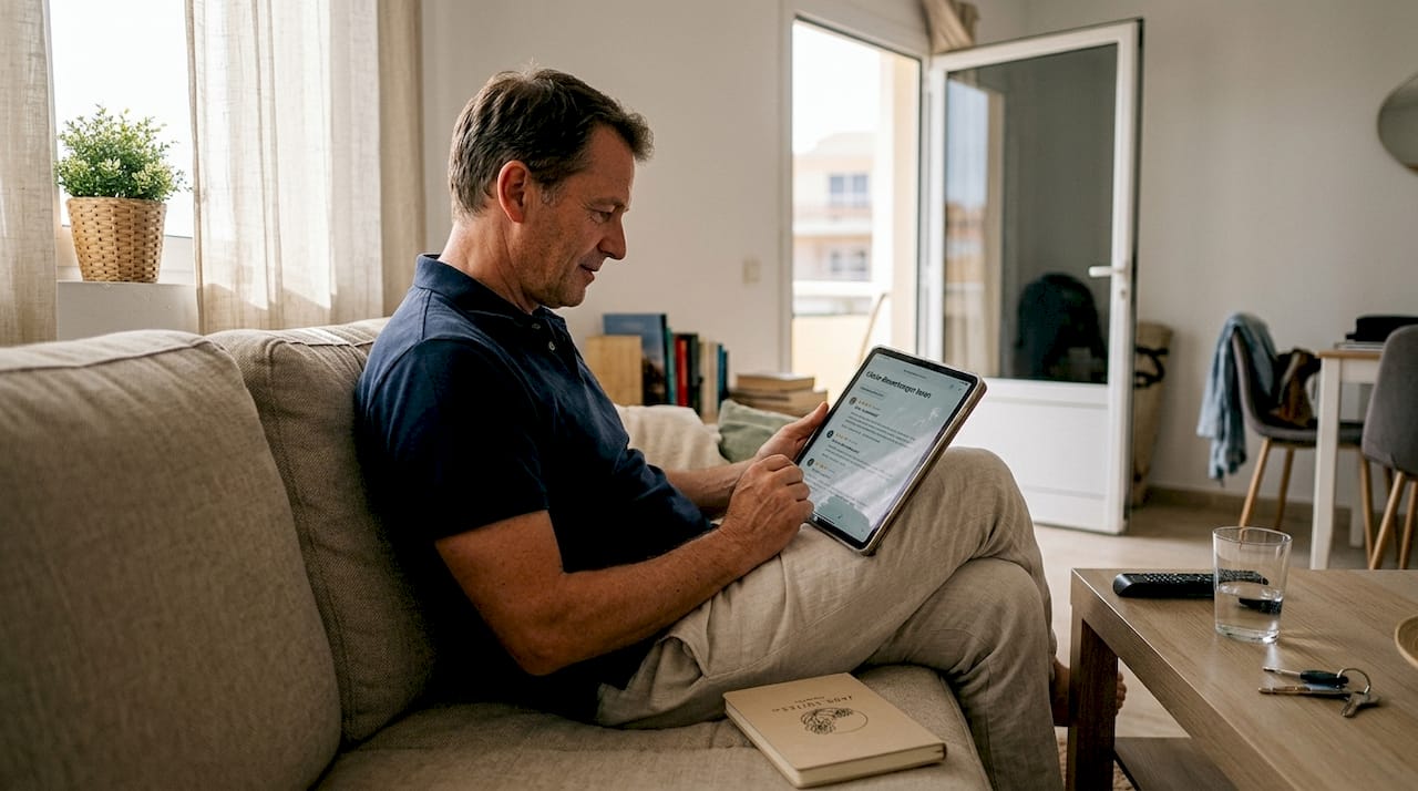 Ein Mann sitzt gemütlich im Wohnzimmer und stöbert auf seinem Tablet durch die Gästebewertungen.