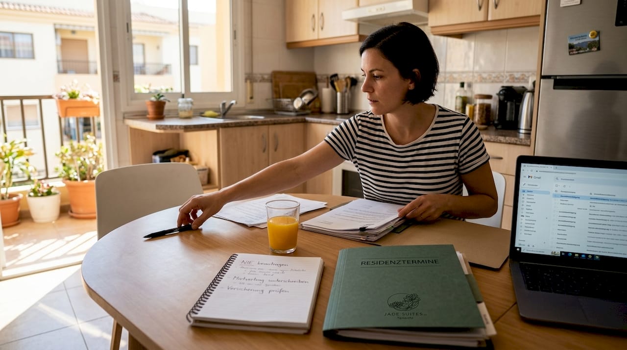 Ein Mieter sitzt am Küchentisch und stellt die Unterlagen für die Wohnungsanmeldung zusammen.