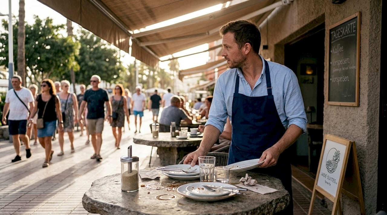 Ein Kellner räumt am späten Nachmittag die Tische auf der Café-Terrasse in Costa Adeje ab.