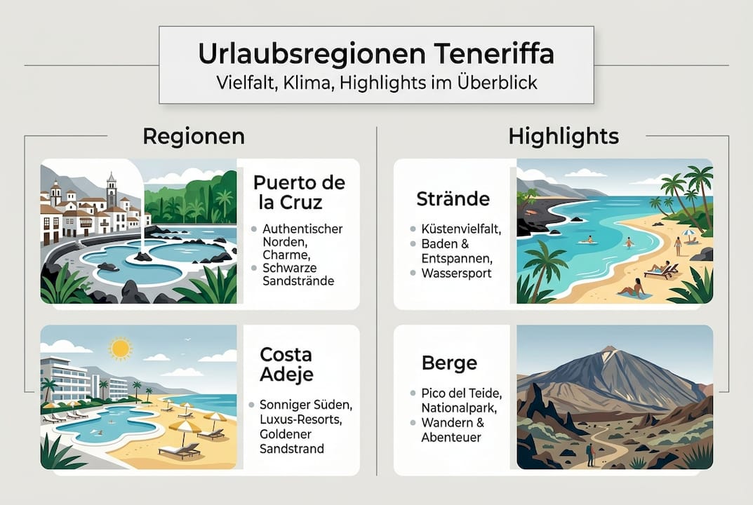 Übersichtsgrafik: Die schönsten Urlaubsregionen und Highlights auf Teneriffa