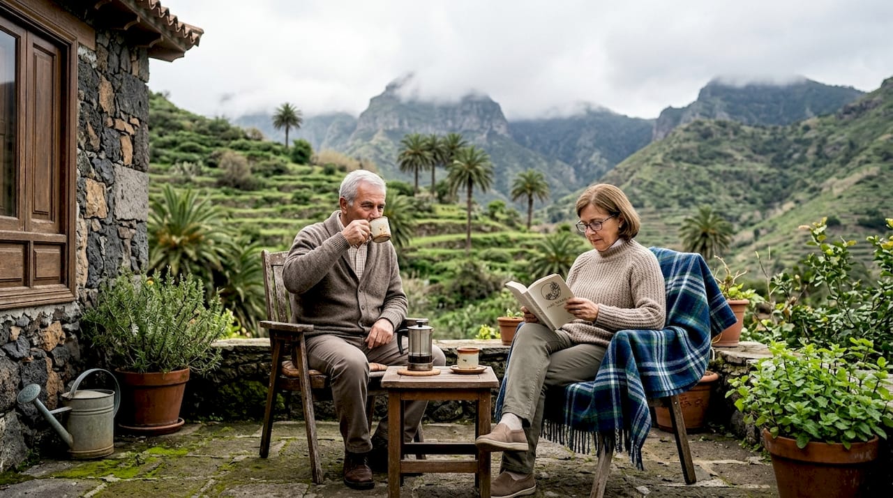 Ein Paar genießt die Aussicht von einer Terrasse auf Teneriffa, umgeben von üppigem Grün.
