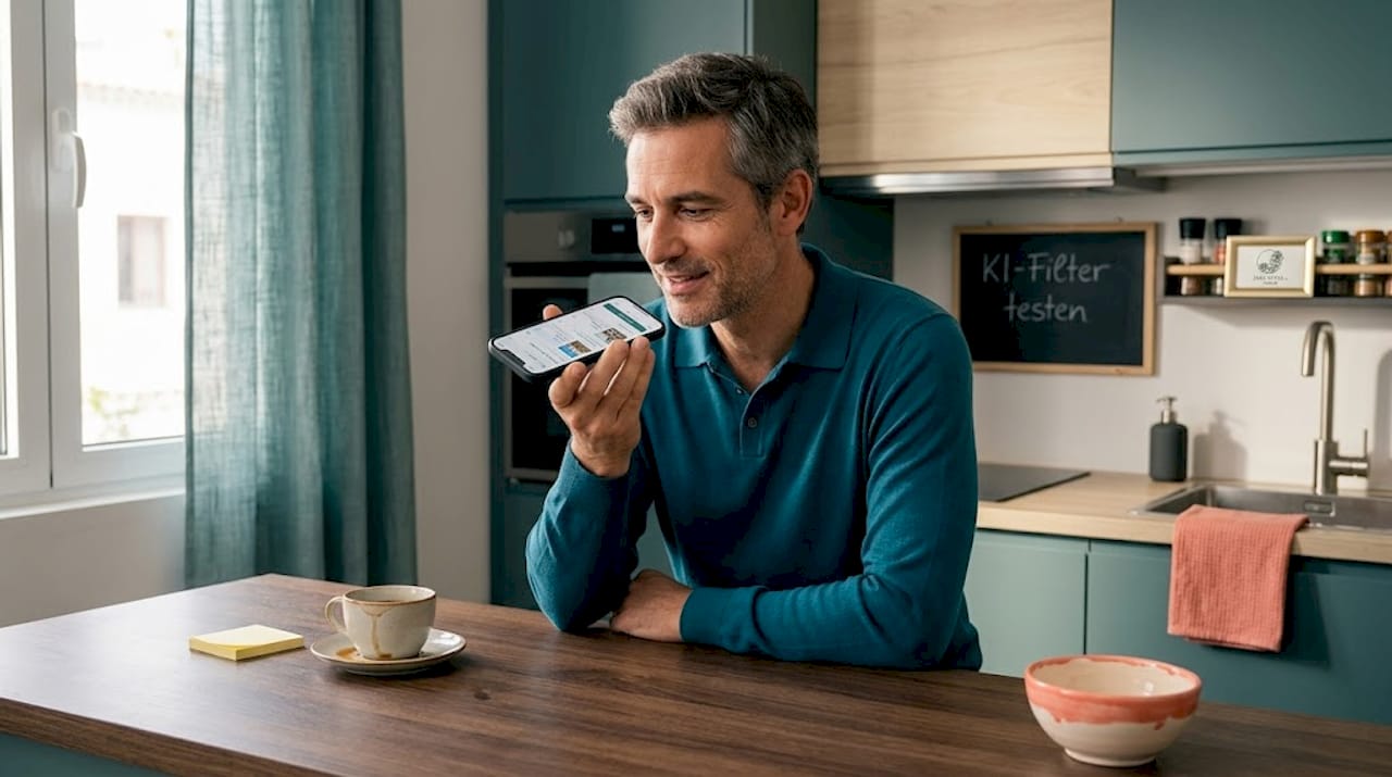 Ein Mann nutzt sein Smartphone, um per Sprache nach passenden KI-Filtern zu suchen.
