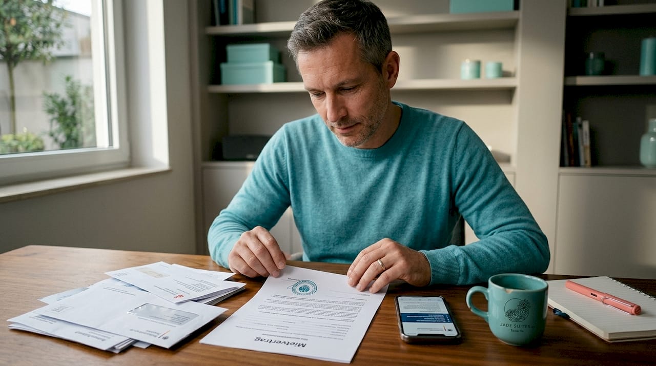 Ein Mann prüft sorgfältig die Mietunterlagen, bevor er eine Wohnung bucht.