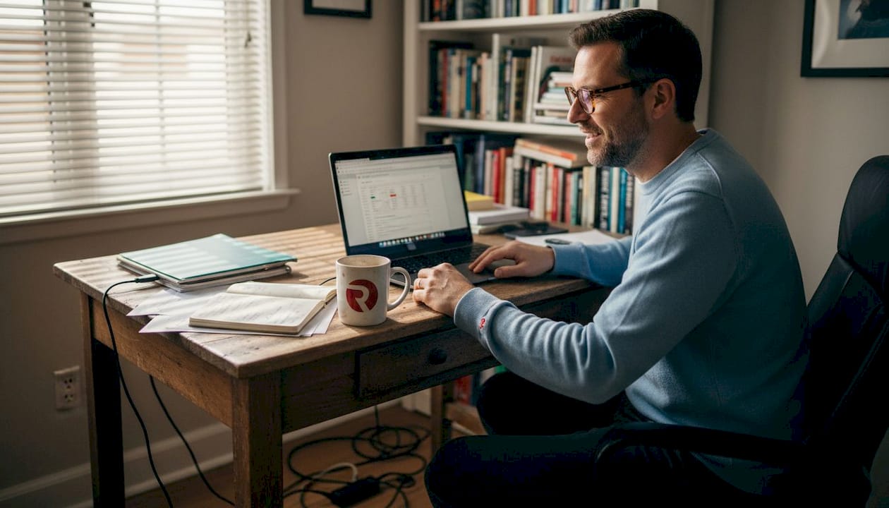 SME owner reviewing analytics on laptop