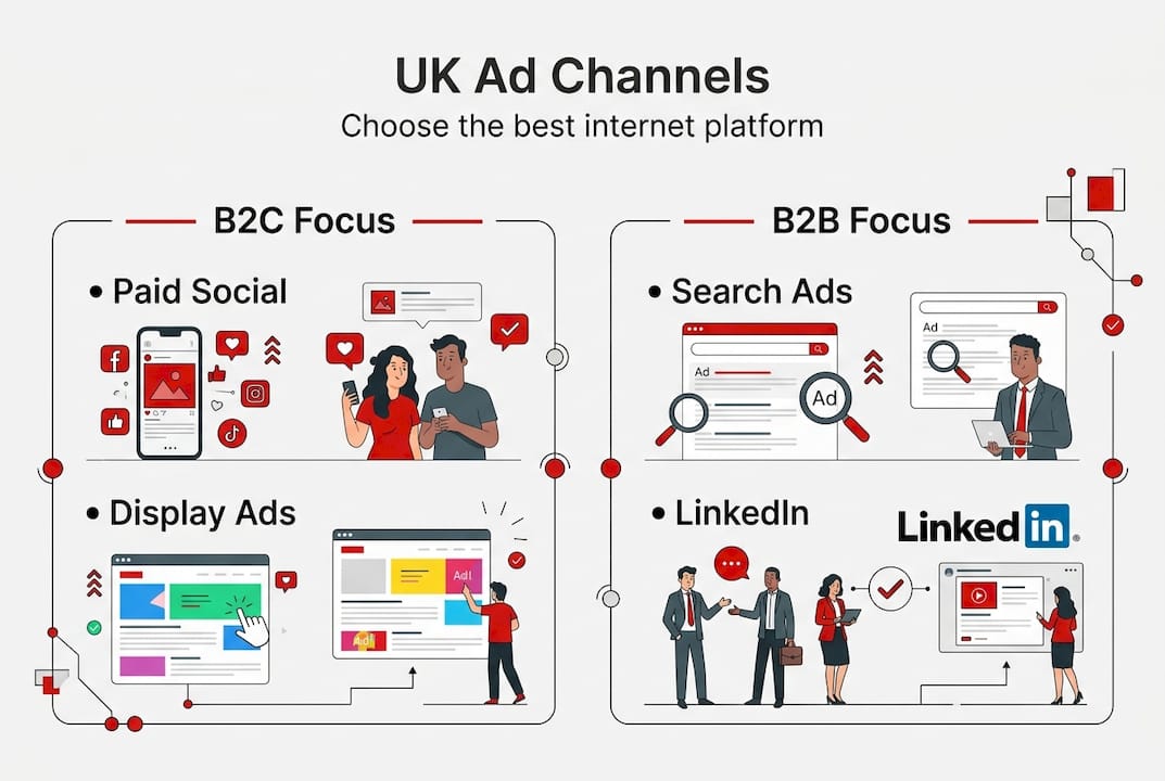 Infographic comparing UK ad channels for B2C and B2B