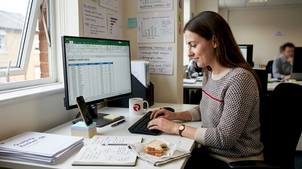 Analyst entering brand equity data at desk