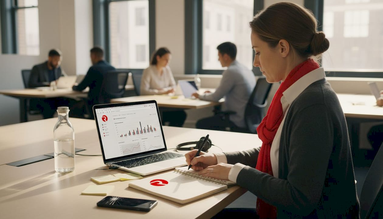 UX researcher analyzing feedback in busy office