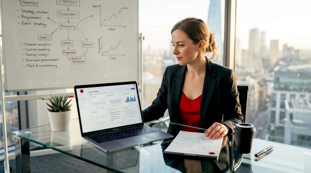 Founder evaluating marketing channels at home desk