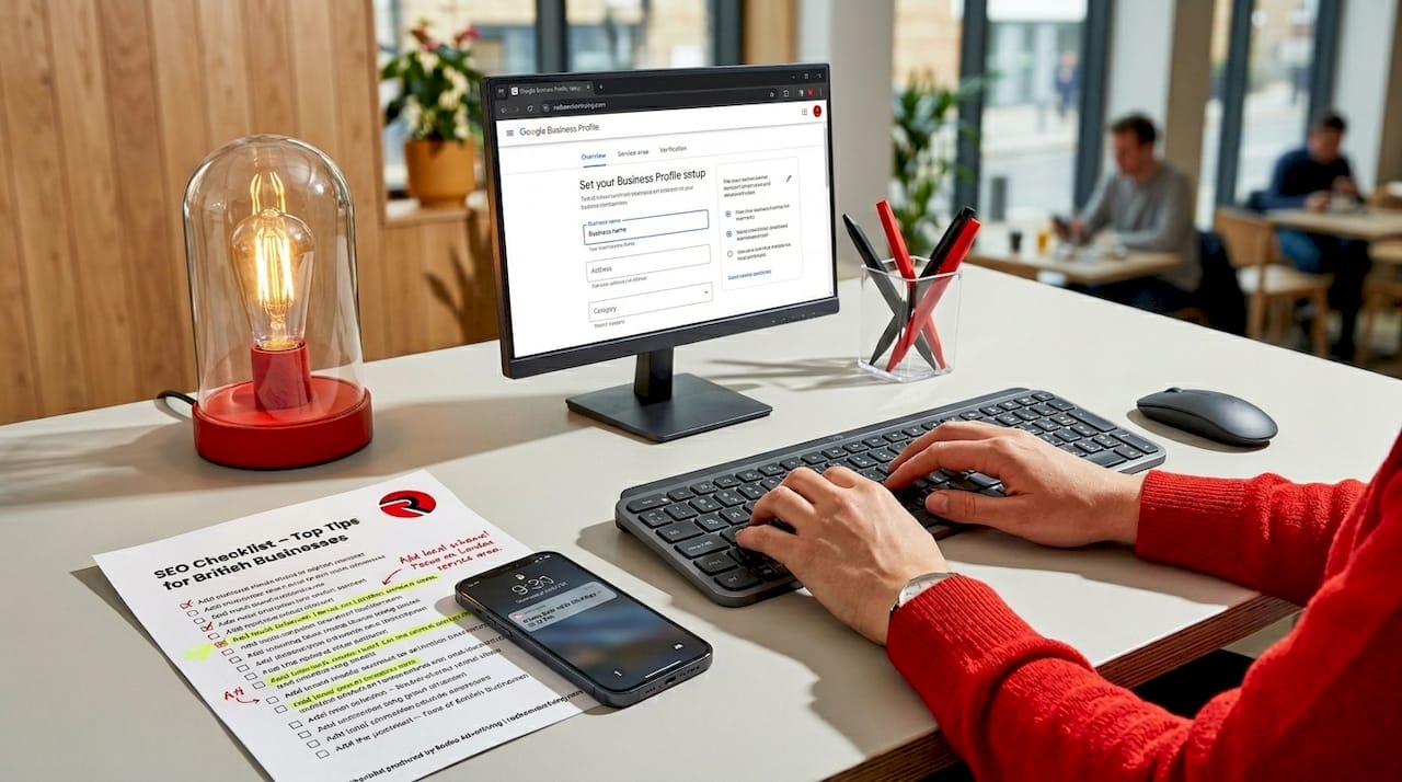 Hands typing on keyboard setting up Google Business Profile