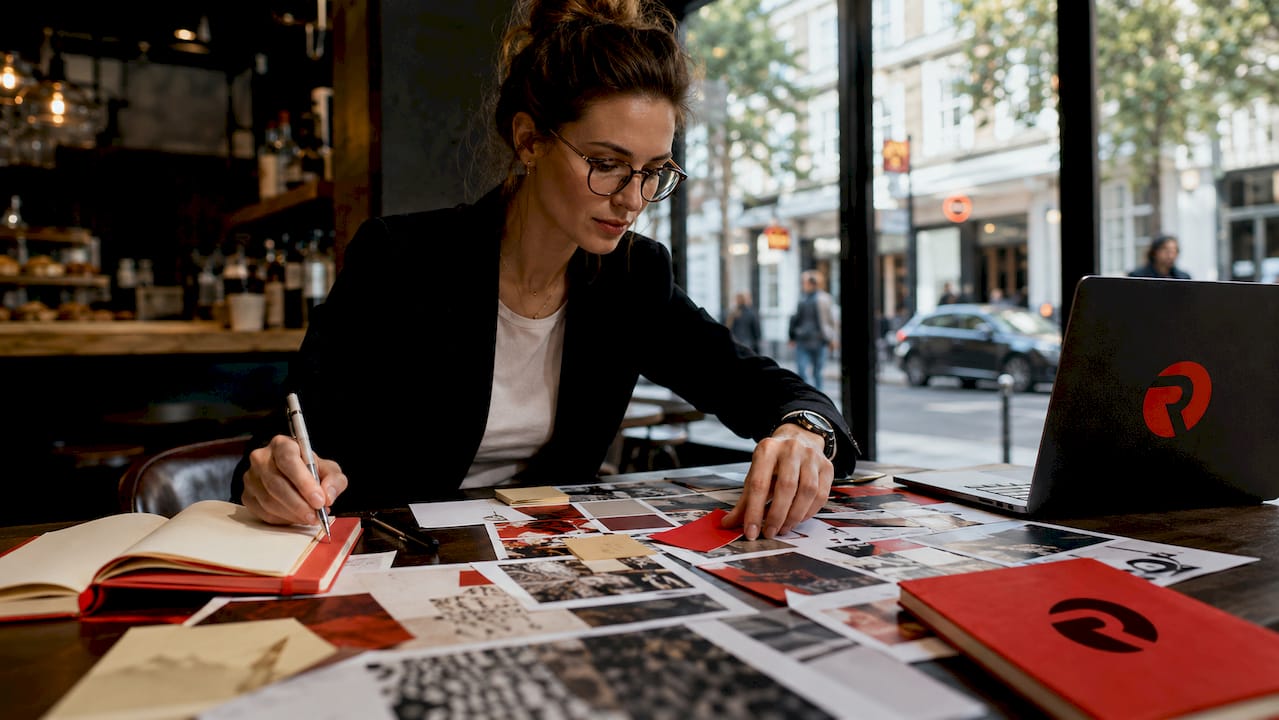 UK entrepreneur organizing creative marketing materials
