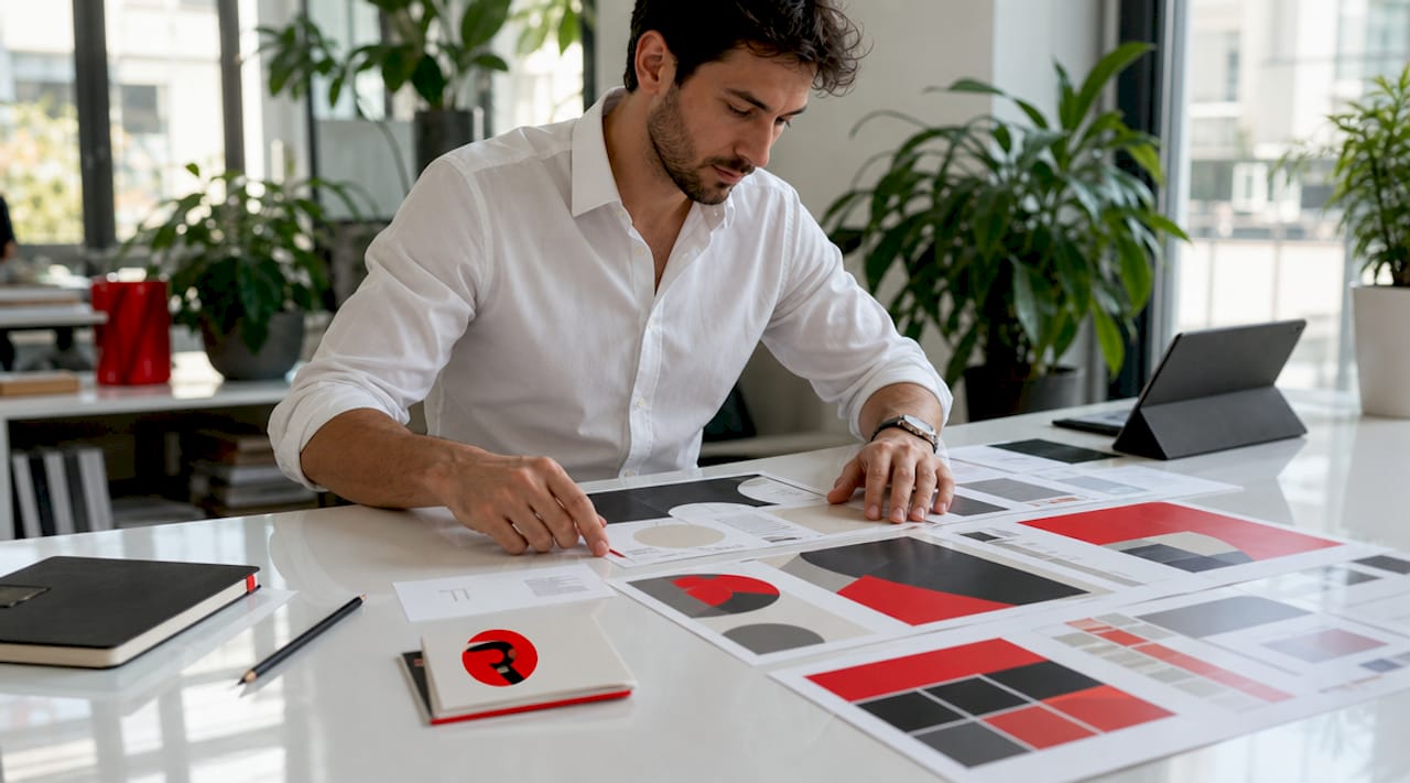 Designer arranging brand identity materials on table
