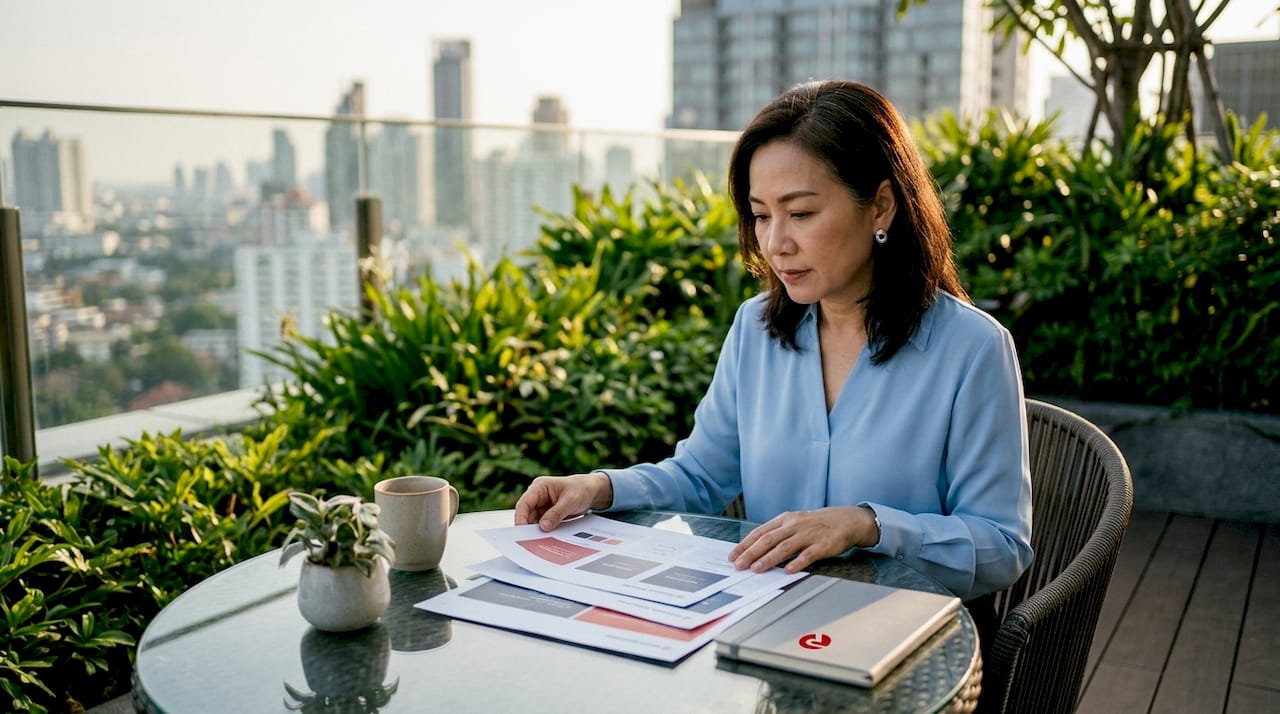Business owner reviewing rebranding documents