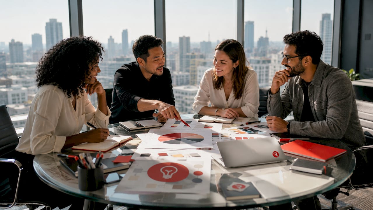 Team planning global marketing campaign in meeting room
