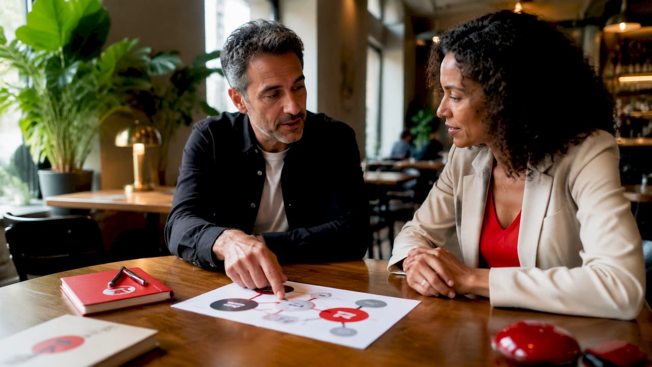 Two executives discussing organizational change in office