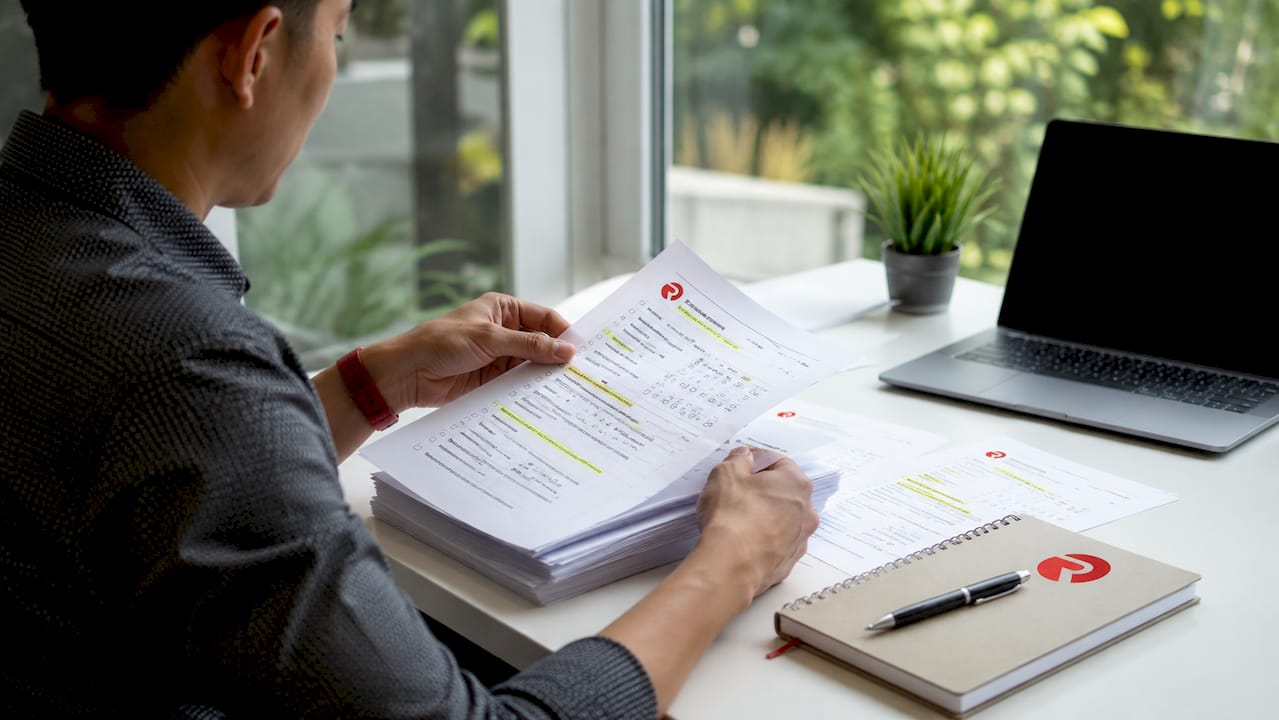 Hands sorting customer surveys on desk