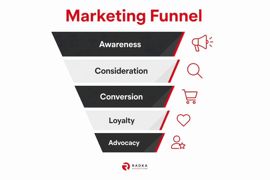 Infographic showing marketing funnel stages in vertical flow