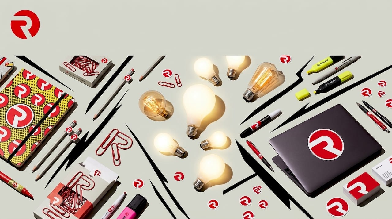 Flat-lay of tablet and office supplies with glowing lightbulb