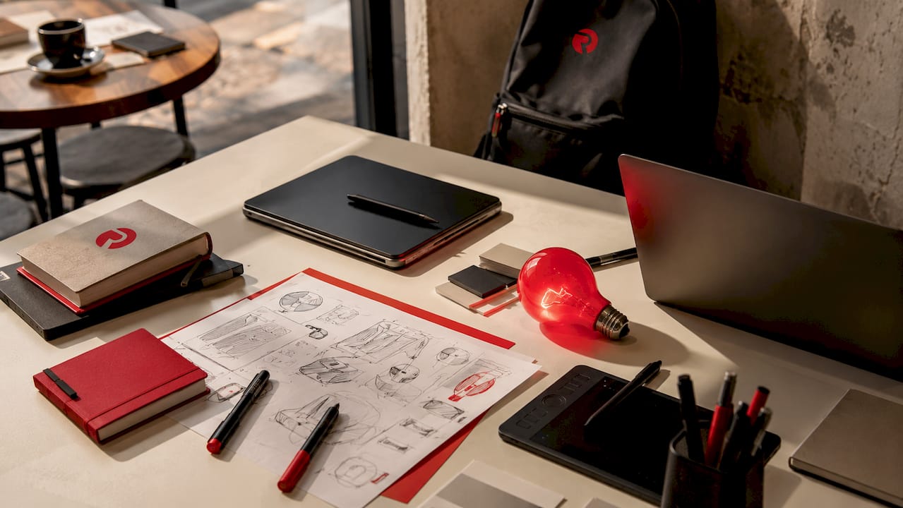 Overhead flat-lay of design workspace with branding