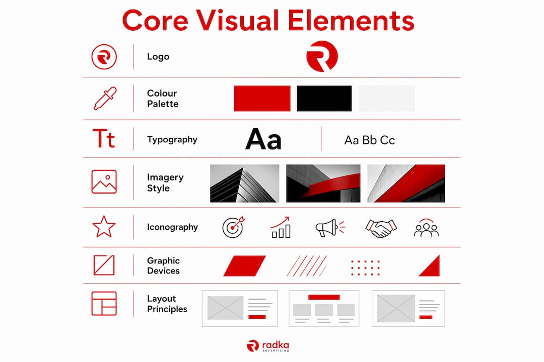 Infographic displaying core visual identity elements