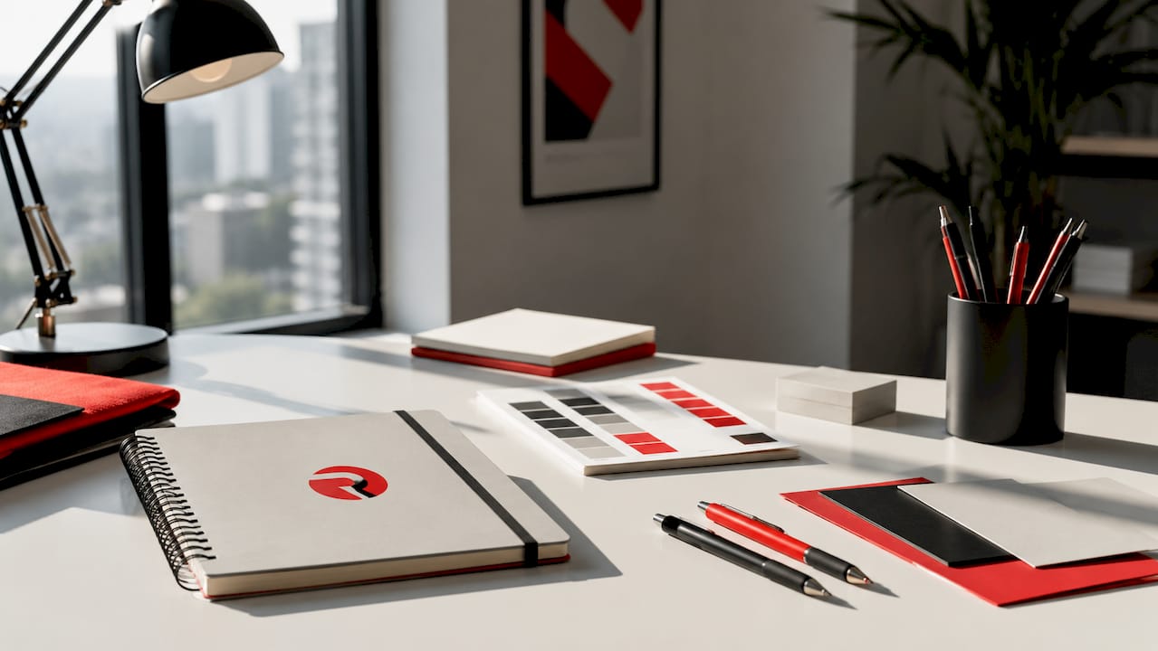 Overhead close-up of branded office supplies with glowing bulb lamp