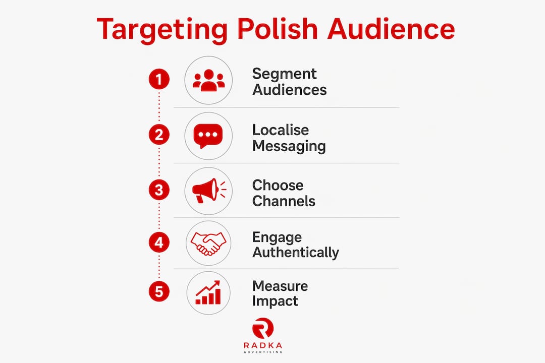 Infographic showing five key steps to target Polish UK audience