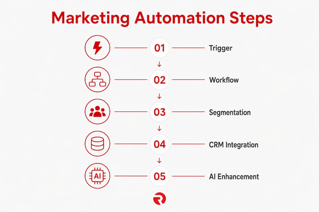 Infographic showing marketing automation steps with clear flow
