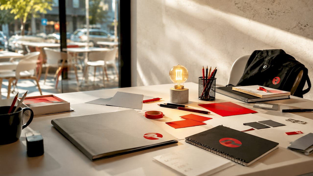 Close-up of branded creative workspace tools flatly arranged