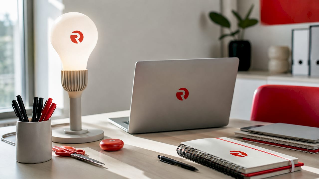 Close-up of marketing desk with glowing lightbulb and supplies