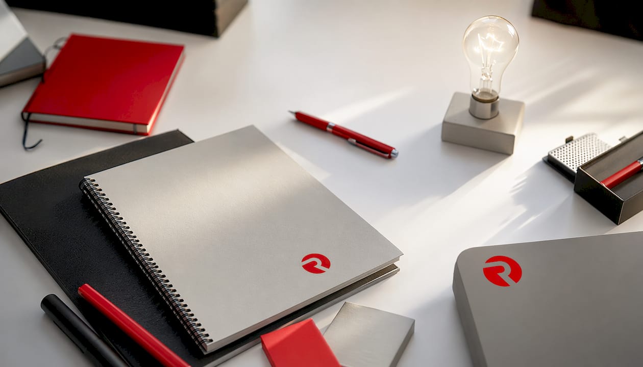 Top-down flat-lay of branded creative office tools