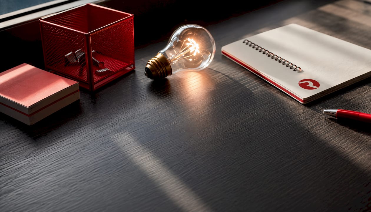Flat-lay of product launch planning tools and lightbulb motif