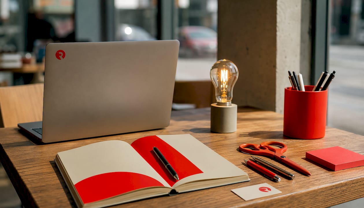 Close-up flat-lay of branded office supplies and lightbulb