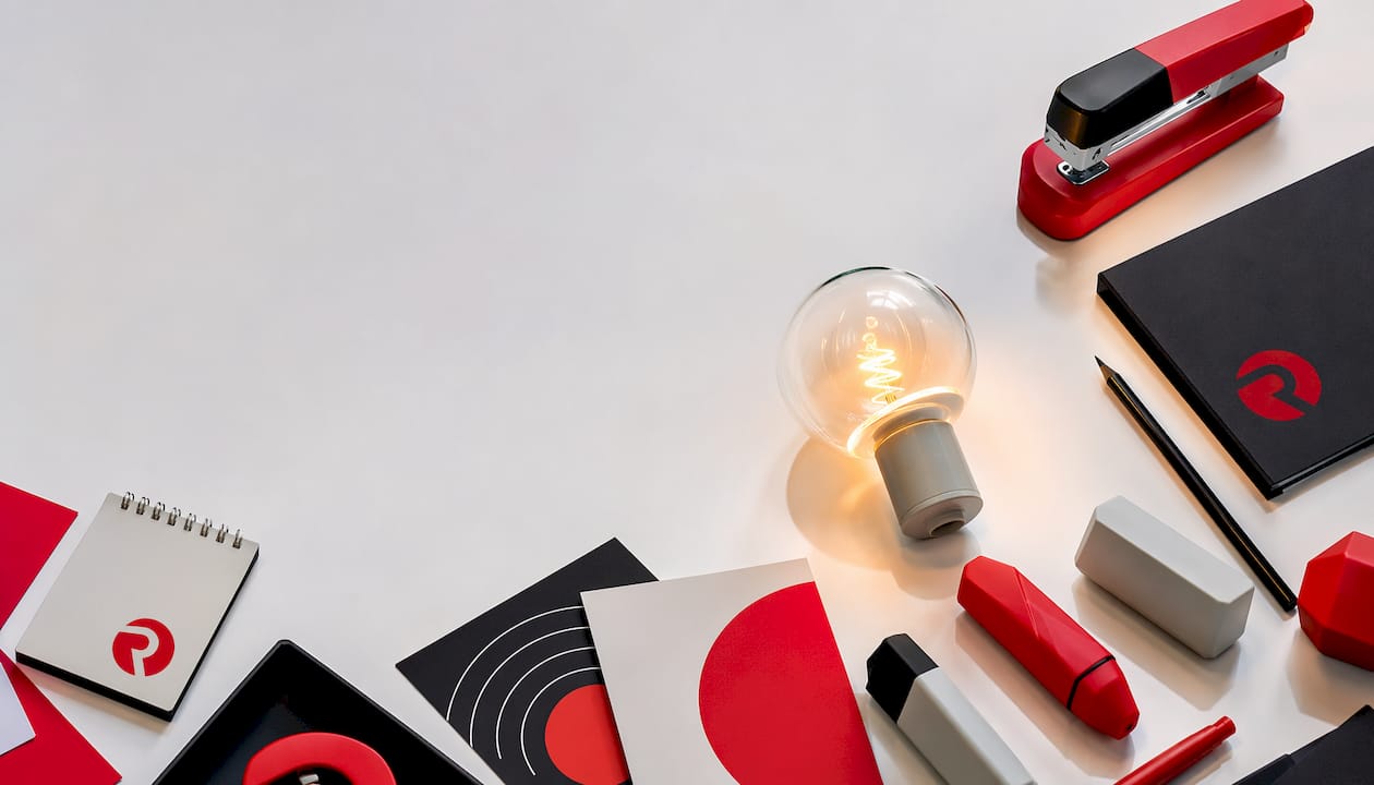 Overhead view of creative desk with lightbulb and branded supplies