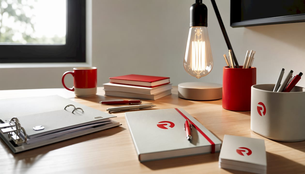Diagonal close overhead of branded supplies with glowing bulb